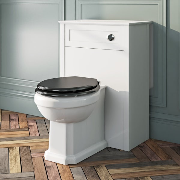 The Bath Co. Camberley back to wall toilet with black soft close seat, concealed cistern and push plate