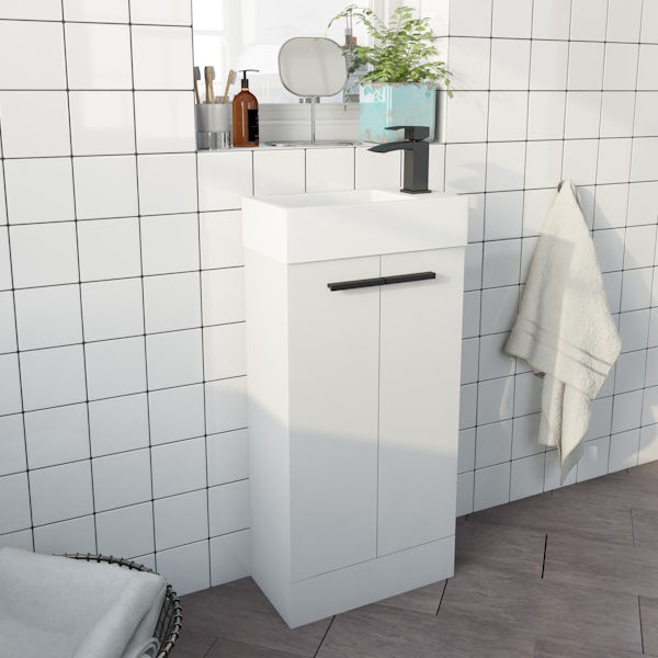 Clarity Compact white floorstanding vanity unit and basin 410mm with tap and black handles