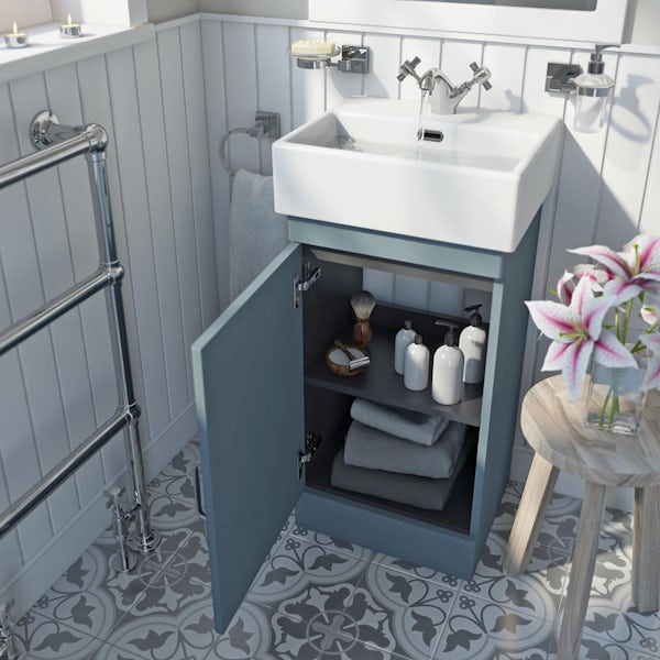 The Bath Co. Aylesford mineral blue floorstanding vanity unit and ceramic basin 400mm with tap