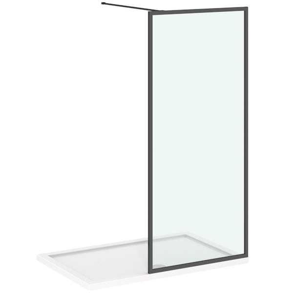 Orchard 6mm black framed wet room glass screen with stone shower tray 1200 x 800
