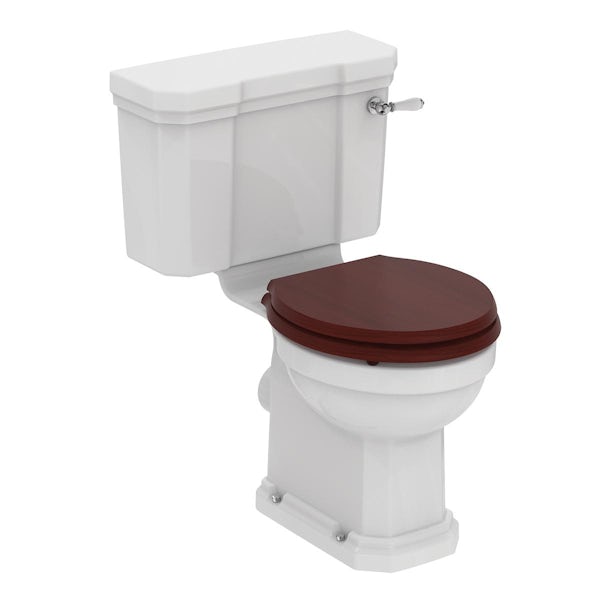Ideal Standard Waverley close coupled toilet with mahogany seat and 2 tap hole full pedestal basin