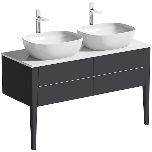 Mode Hale grey gloss wall hung double vanity unit with ceramic countertop and basins 1200mm