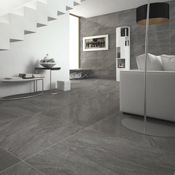 Alicura grey stone effect matt wall and floor tile 300mm x 600mm