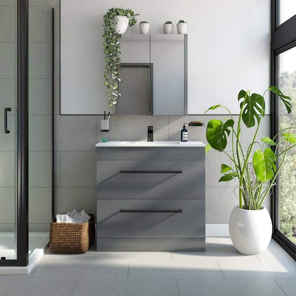 Orchard Derwent stone grey floorstanding vanity unit with black handle and ceramic basin 800mm