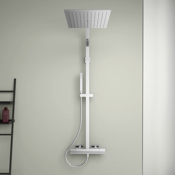 Ideal Standard Ceratherm C100 exposed thermostatic shower system with Idealrain 300mm square rainshower,riser pipe, handspray and 1.75mm hose