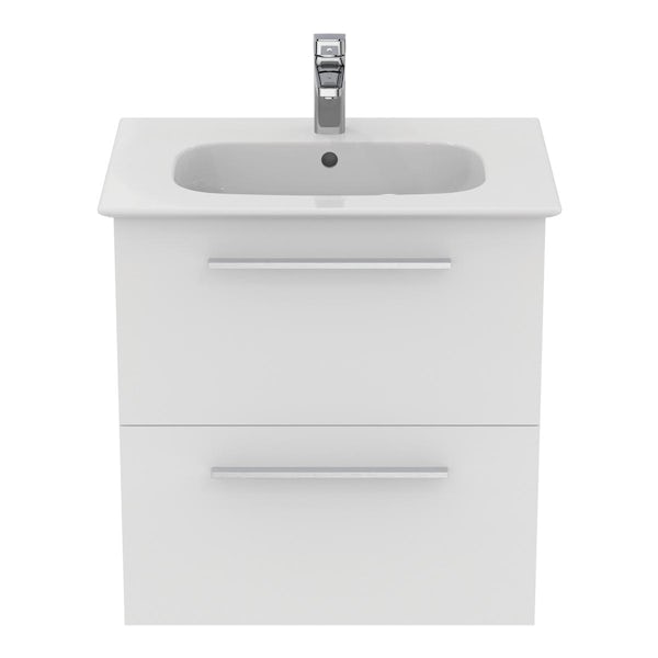Ideal Standard i.life A matt white wall hung vanity unit with 2 drawers and brushed chrome handles 640mm