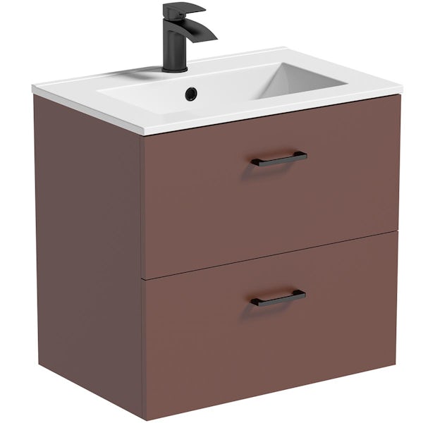 Orchard Lea tuscan red wall hung vanity unit with black handle 600mm and Derwent square close coupled toilet suite