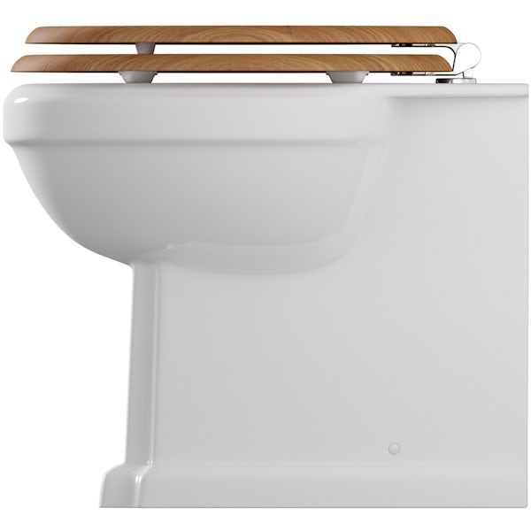 The Bath Co. Dulwich back to wall toilet with oak effect wooden soft close seat