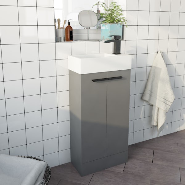 Clarity Compact satin grey floorstanding vanity unit and basin 410mm with tap and black handles