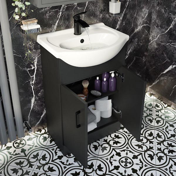 Orchard Lea soft black floorstanding vanity unit with black handle and ceramic basin 550mm