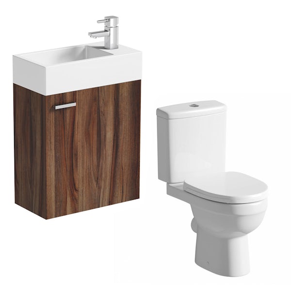 Clarity Compact walnut wall hung cloakroom suite with contemporary close coupled toilet