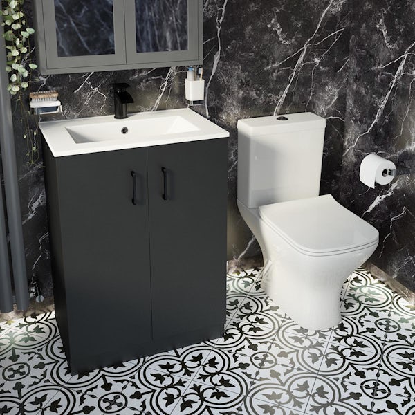 Orchard Lea soft black floorstanding vanity unit with black handle 600mm and Derwent square close coupled toilet suite