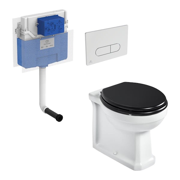 Ideal Standard Waverley back to wall toilet with black seat, Prosys mechanical cistern and Oleas M1 chrome flush plate
