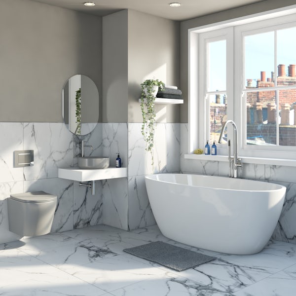 Mode Orion complete bathroom suite with contemporary stone grey wall hung toilet and freestanding bath