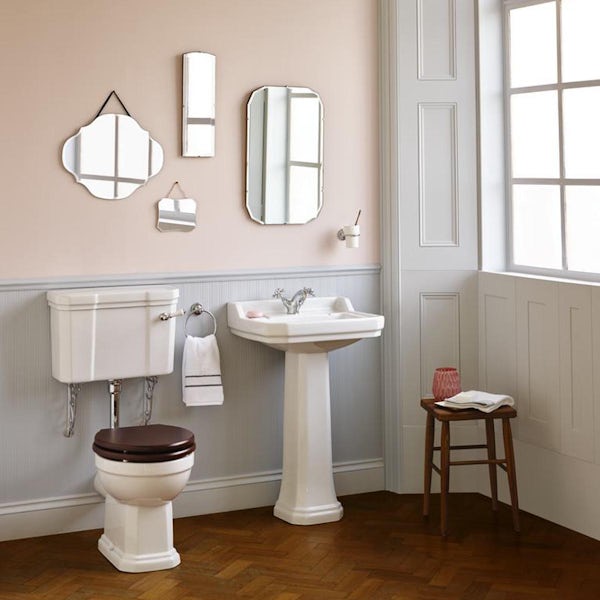 Ideal Standard Waverley low level toilet with mahogany seat and 1 tap hole full pedestal basin