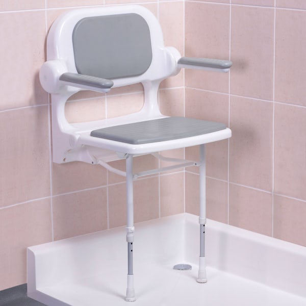 AKW 2000 series folding shower seat with back and arms and grey pad