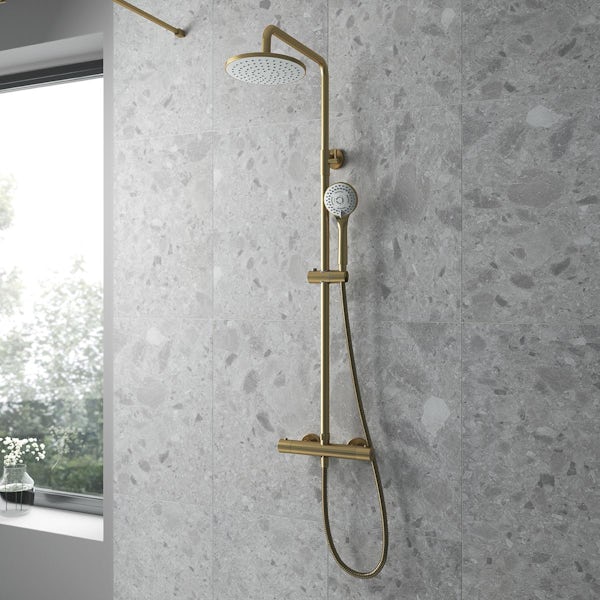 Round Thermostatic bar shower in brushed brass | VictoriaPlum.com