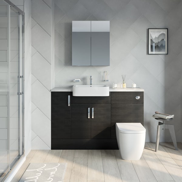 Reeves Nouvel quadro black small fitted furniture & mirror combination with pebble grey worktop