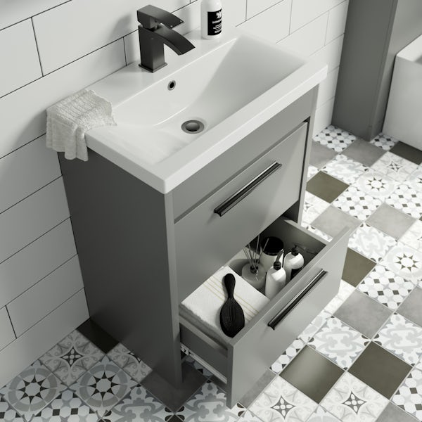 Clarity satin grey floorstanding vanity unit and ceramic basin 600mm with tap and black handles