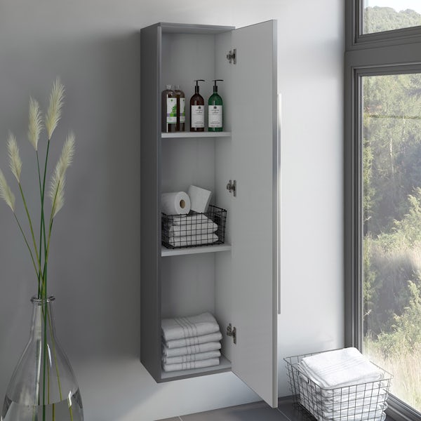 Orchard Derwent stone grey tall wall hung cabinet 1400 x 350mm