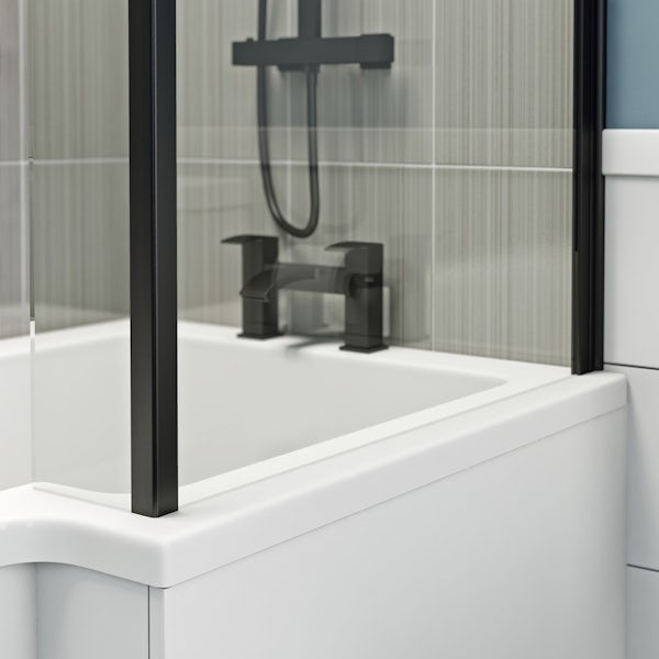Orchard L shaped left handed shower bath with 6mm matt black shower screen 1500 x 850
