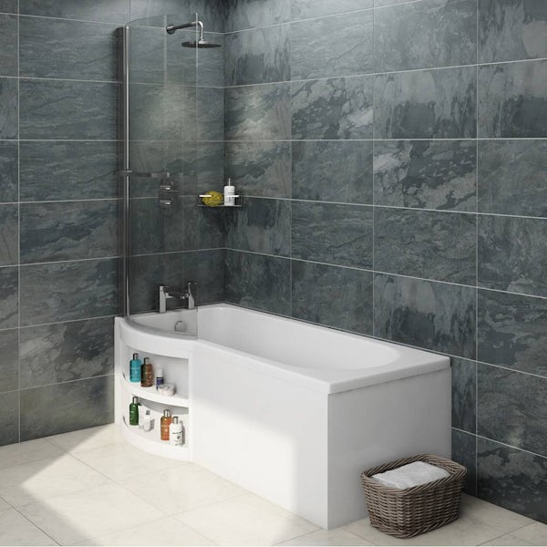 MySpace Water Saving P Shape Shower Bath Left Hand with Storage Panel & 6mm Screen with Towel Rail