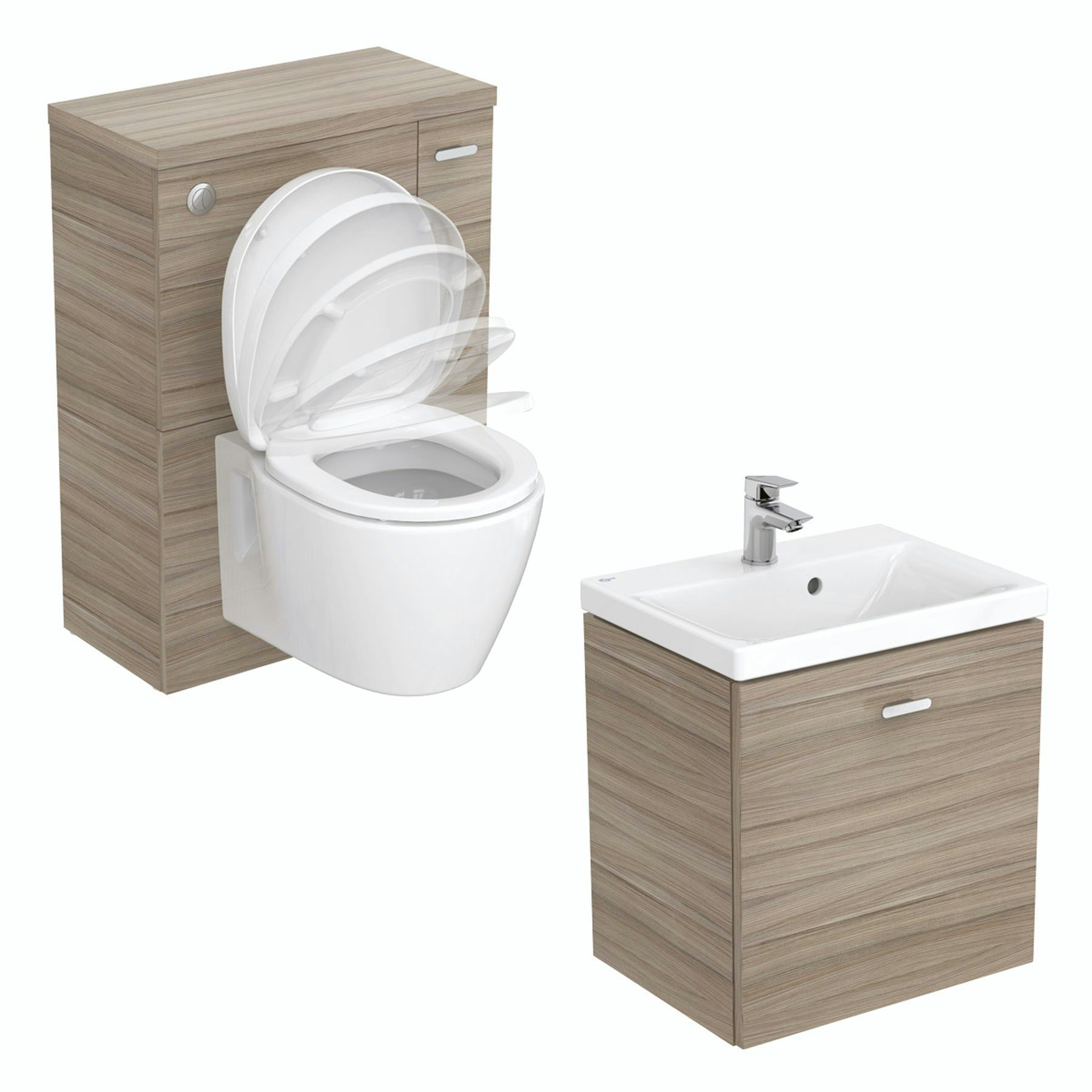 Ideal Standard Concept Space elm wall hung vanity unit with back to wall unit, toilet and seat