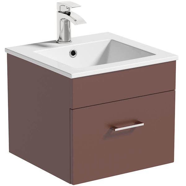 Orchard Lea tuscan red wall hung vanity unit 420mm and Derwent square close coupled toilet suite