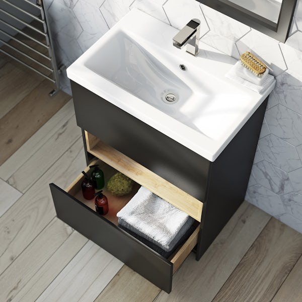 Mode Tate anthracite black & oak vanity unit 600mm with mirror