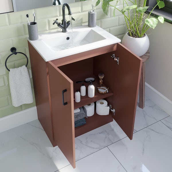 Orchard Lea tuscan red floorstanding vanity unit with black handle and ceramic basin 600mm