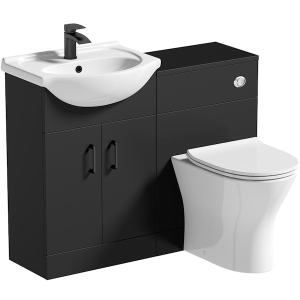 Orchard Lea soft black furniture combination with black handle and Derwent round back to wall toilet with seat