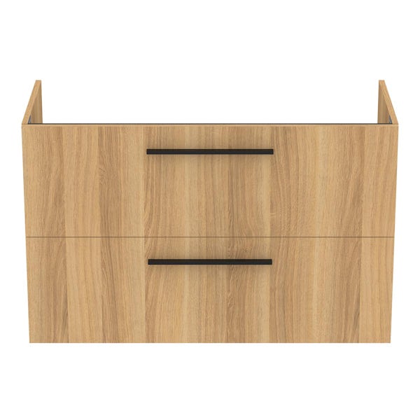 Ideal Standard i.life A natural oak wall hung vanity unit with 2 drawers and black handles 1040mm