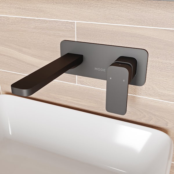 Mode Spencer square wall mounted black basin mixer tap offer pack
