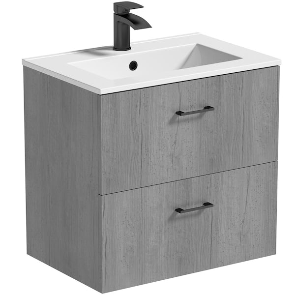 Orchard Lea concrete wall hung vanity unit with black handle 600mm and Derwent square close coupled toilet suite