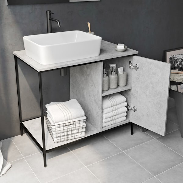 Mode Bergne dark concrete grey washstand and black steel frame 812mm