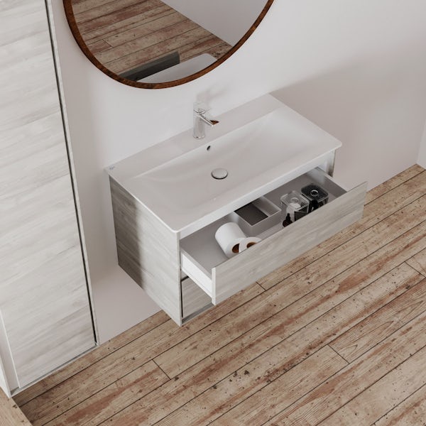 Ideal Standard Concept Air wood light grey and matt white wall hung vanity unit and basin 800mm