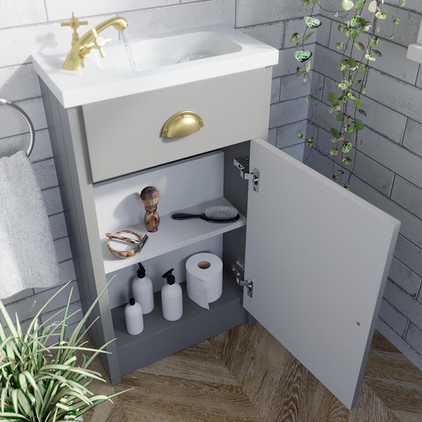 Orchard Dulwich stone grey cloakroom floorstanding vanity and basin 460mm - brushed brass