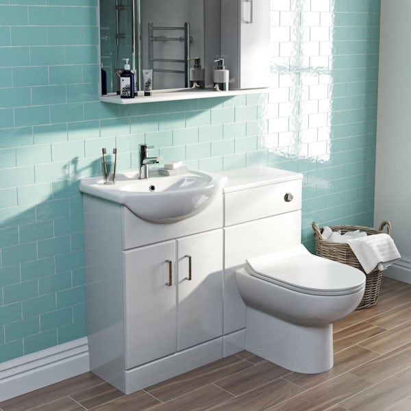 Orchard Eden white 1140 combination unit with Eden contemporary back to wall toilet, heated towel rail, tap and waste