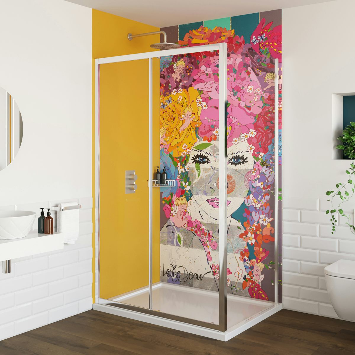 Louise Dear The Serenade Yellow acrylic shower wall panel pack with rectangular enclosure