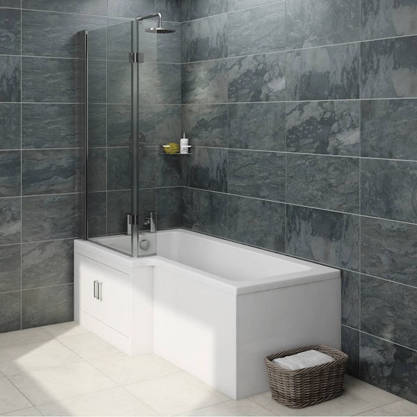MySpace Water Saving L Shape Shower Bath Left Hand with Storage Panel & 8mm Luxury Hinged Screen
