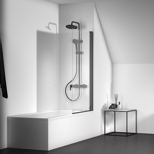 Ideal Standard silk black bathroom suite with straight bath, angle bath screen and mixer shower