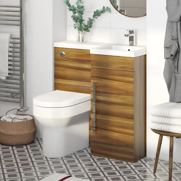 MySpace Walnut right handed unit with Oakley back to wall toilet