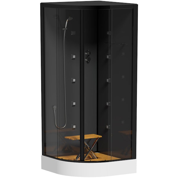 Mode quadrant black glass backed hydro massage shower cabin with wood effect floor and seat 900 x 900