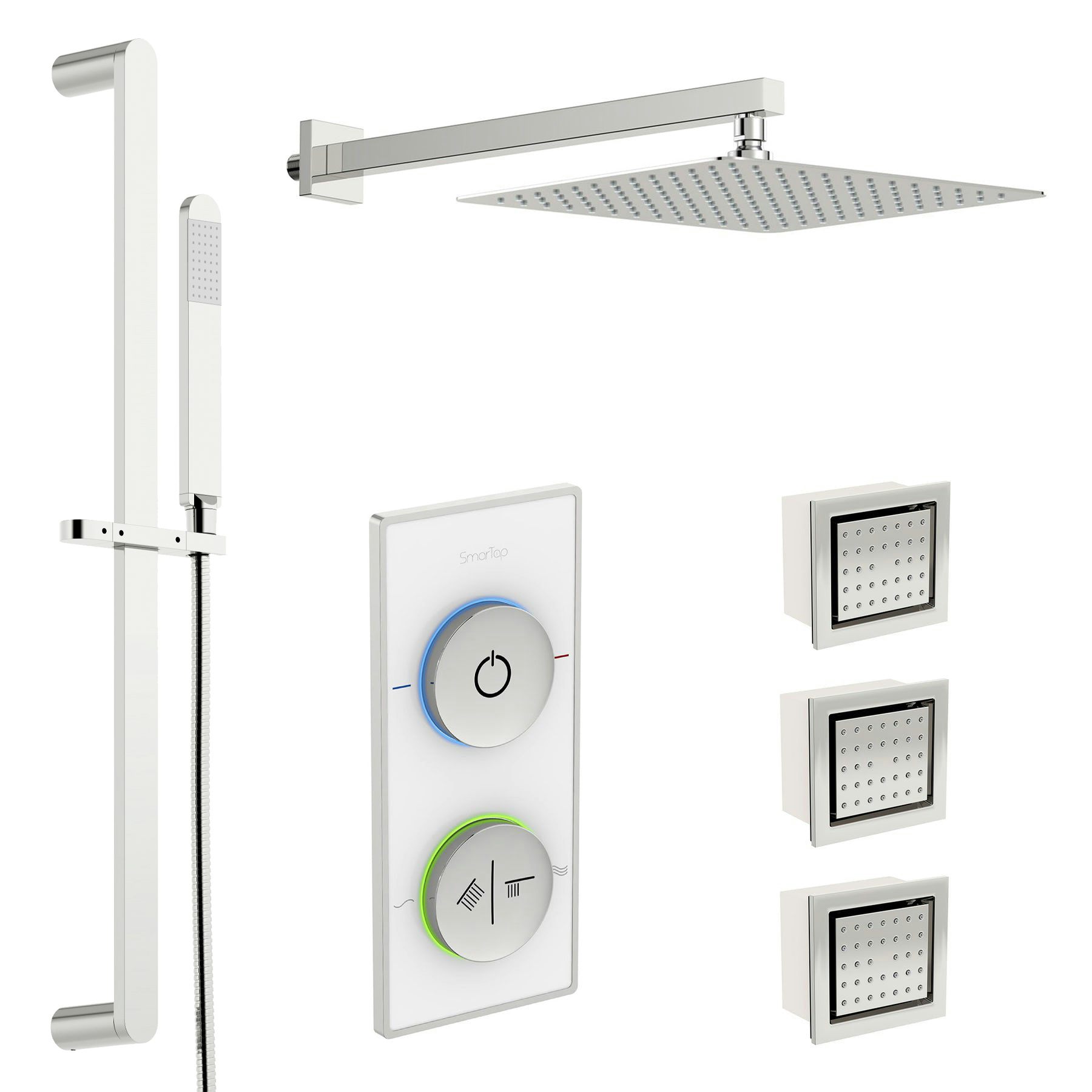 SmarTap white smart shower system with complete square wall shower set