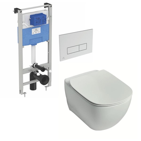 Ideal Standard Tesi wall hung toilet with Aquablade, soft close seat, frame and Oleas flush plate