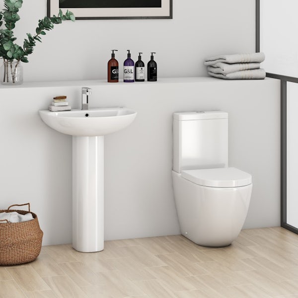 Mode Harrison rimless cloakroom suite with full pedestal basin 555mm with tap and waste