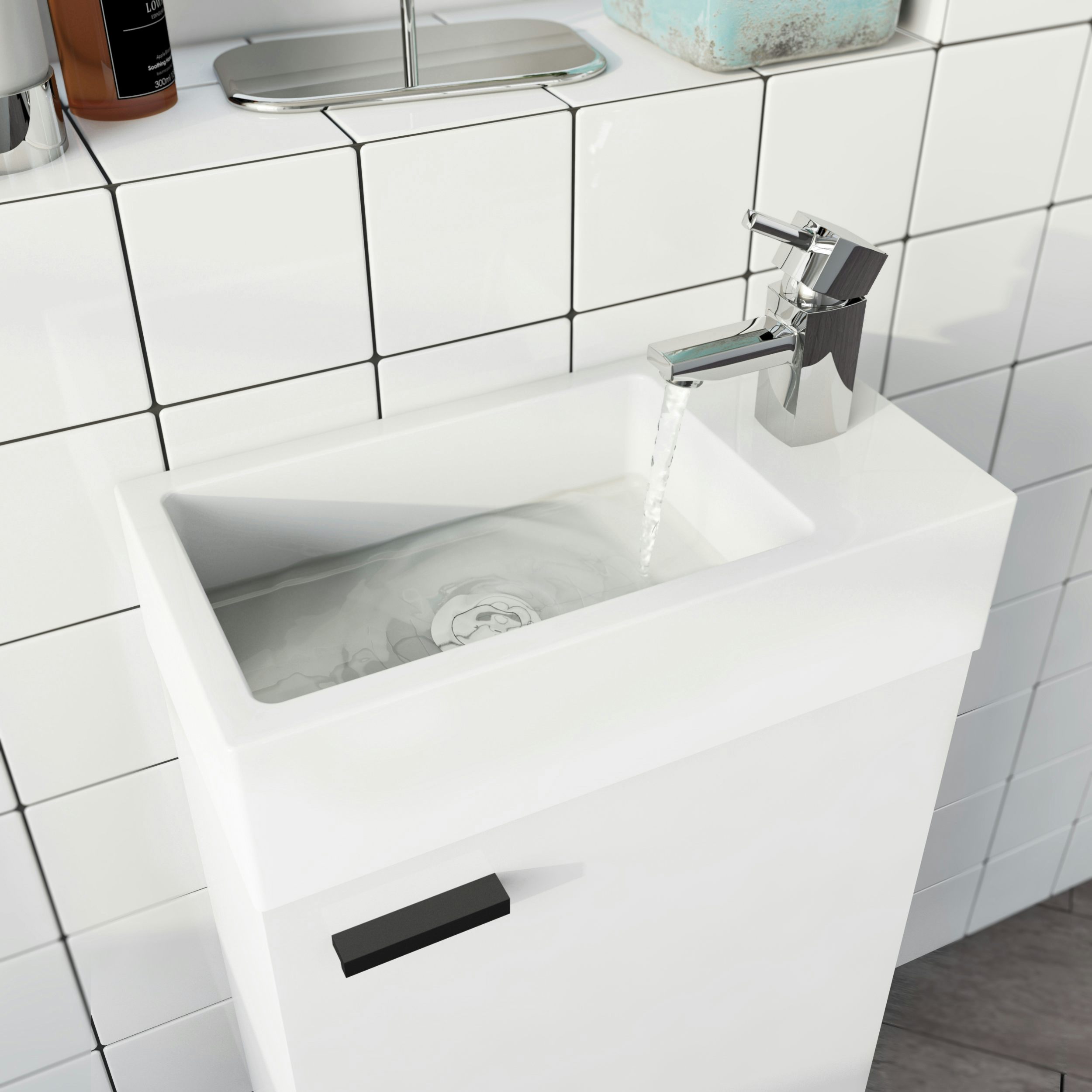 White Gloss Bathroom Vanity Unit Basin Sink Compact Cloakroom Cabinet Basin Tap 