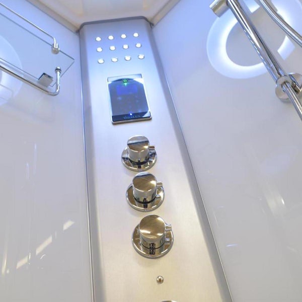 Vidalux Essence quadrant steam shower cabin with white tray, floor and seat