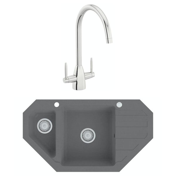 Schon Otranto Cobblestone grey 1.5 bowl right hand kitchen sink with Schon dual lever kitchen tap