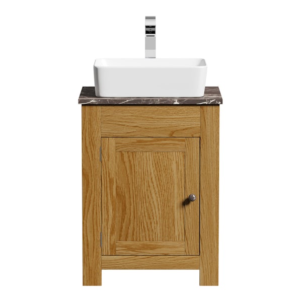 The Bath Co. Chester oak washstand with brown marble top and Ellis countertop basin 600mm